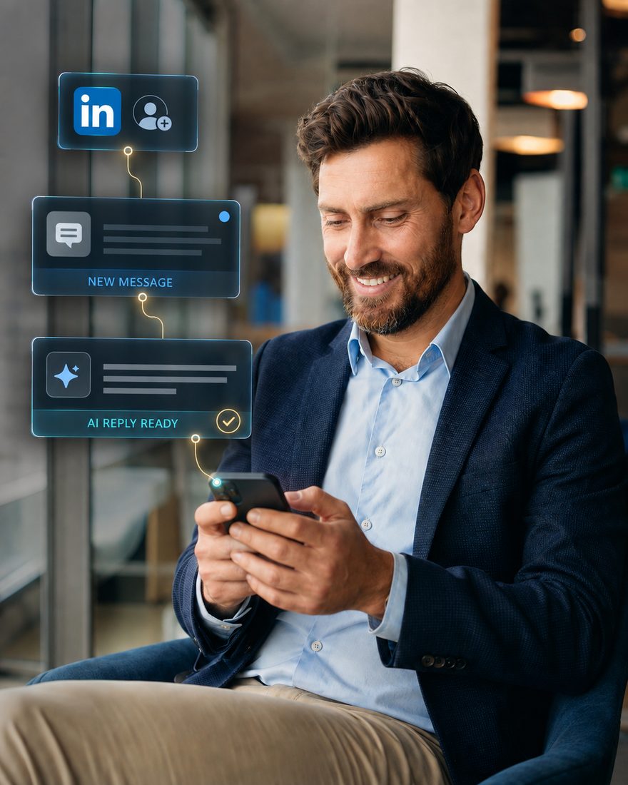 A salesperson checking LinkedIn replies his AI prepared