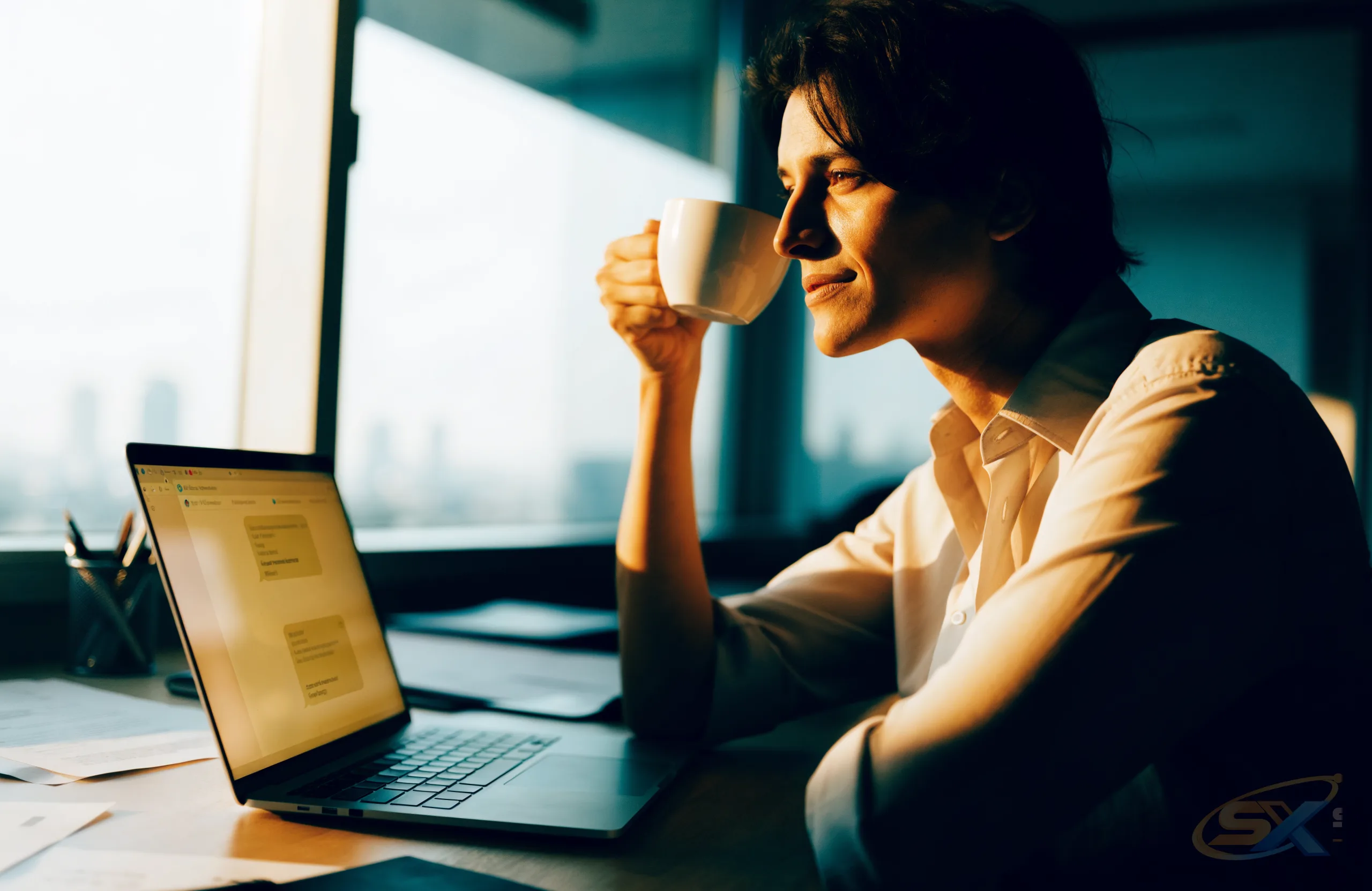 A salesperson with morning coffee reading the replies their AI prepared